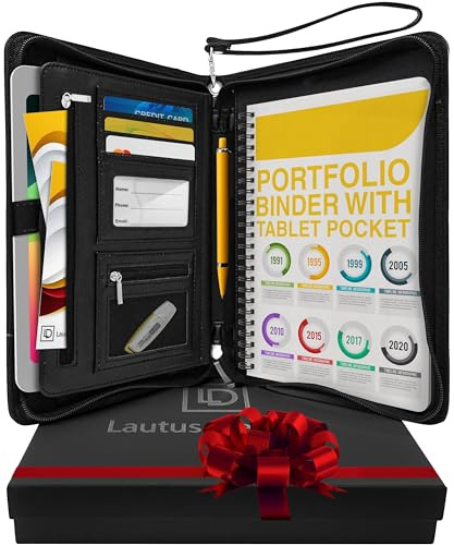 Lautus Designs Portafolio de Negocios con Cremallera – Organizador de Cuero PU Premium, Pequeño Bloc de Notas & Funda para Tableta de 8 Pulgadas – Carpeta para Trabajo, Reuniones & Viajes – Negro Mate