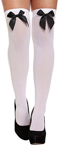 Ladies Black White Blue Red Pink Bow Top Pirate Sailor Dorothy Fancy Dress Stockings Socks (White with Black Bow)