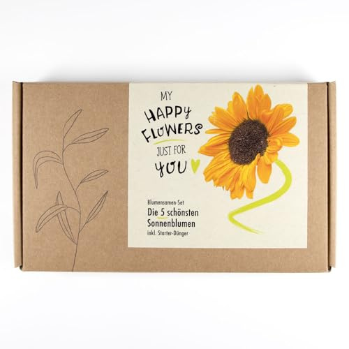 Blomfrön presentset MY HAPPY FLOWERS – presentförpackning med de 5 vackraste solrosorterna – räcker för 50 blommor