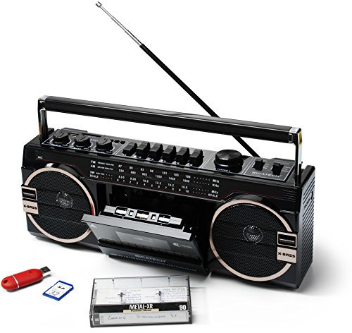 Ricatech PR 1980 reproductor de potencia, radiocasetera, casete, reproductor de cintas, radio AM, FM, SO 3 bandas sonoras, admite tarjetas USB y SD, Negro