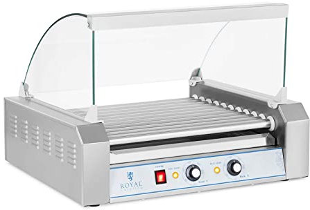 Royal Catering Hot Dog Grill Hot Dog Maschine Hot Dog Maker (11 Rollen, Platz für 20 Würstchen, 2.200 W, 2 Heizzonen, Edelstahl) silber