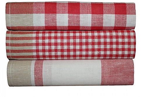 Triolino 3-er Pack Jacquard Geschirrtücher Halbleinen Karo, Größe:50 cm x 70 cm;Farbe:Rot