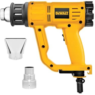 Dewalt 1.800 Watt Heißluftpistole D26411 (Temperatur 50-400/600°, Luftdurchsatz: 250/450 l/min, mit Flächen- und Reduzierdüse, sichere vertikale Standposition zum stationären Einsatz)