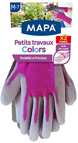 MAPA - Petits Travaux Colors x3 - Gants de Jardinage Ultra souples en Polyamide - Polyvalents pour tous les petits travaux de jardinage - 3 paires - Coloris Rose/Bleu/Violet - Taille M