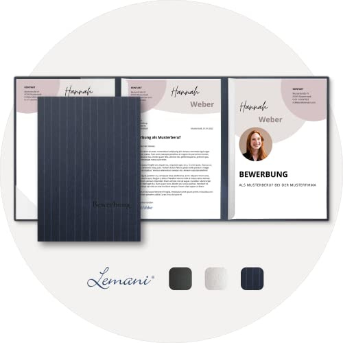 5 Stück 4-teilige Bewerbungsmappen Lemani® PRESTIGE 'navy blue' mit 2 Klemmschienen - Premium-Qualität mit feinen Nadelstreifen, unverwechselbarer Haptik und hochwertiger Prägung 'Bewerbung'