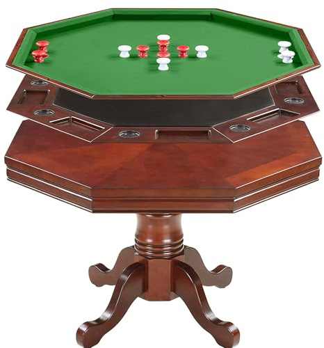 Hathaway Kingston 3 in 1 Octagon Poker Table, Dining & Bumper Pool Table for Game Rooms - Durable Hardwood, Sturdy Legs, Smooth Playfield - Includes Bumper Balls, Cues, Chalk, Brush - Walnut