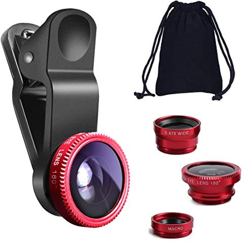 KINGMAS 3 in 1 Universal Fish Eye Lens + Wide-Angle Lens + Macro Clip Camera Lens Kit for iPad iPhone Samsung Android and Most Smartphones red