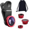 KINGMAS 3 in 1 Universal Fish Eye Lens, Macro Clip Lens Wide-Angle Camera Lens Kit for iPad iPhone Samsung Android and Most Smartphones (Red)