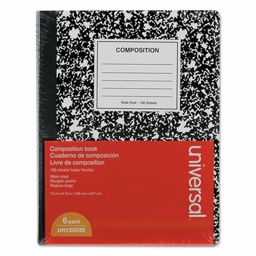 Universal College Ruled Composition Notebook, 9.75 x 7.5, Black Marble Cover, White Paper, 100 Sheets, Pack of 6