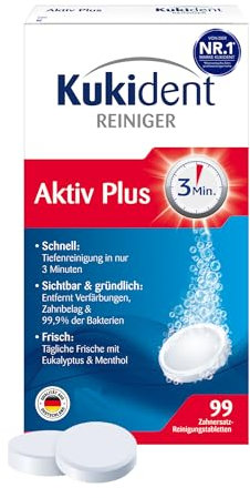 Kukident Aktiv Plus Reinigungstabletten - Tabs zur Reinigung von Zahnersatz, Zahnprothese & Gebiss - 1 x 99 Tabletten
