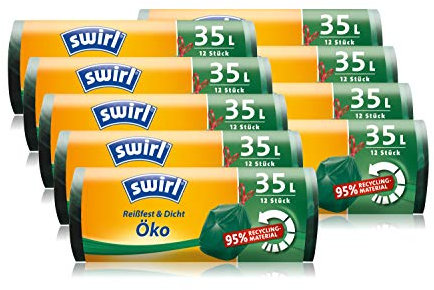 Swirl Öko-Müllbeutel mit Zugband, 35 Liter, 9 Rollen mit je 12 Beuteln, Dunkelgrün