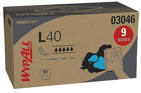WypAll PowerClean L40 Cloths Extra Absorbent Wipes (03046), Pop-Up Box, Bulk Paper Wipers, White (9 Packs of 90 Sheets, 810 Sheet Total)