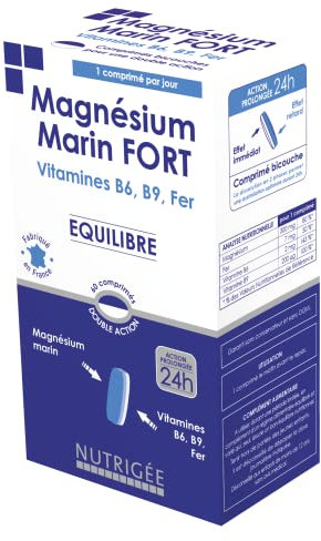 NUTRIGÉE - Magnésium Marin Fort - Équilibre - Anti-Fatigue - Réduit la Fatigue, Favorise Équilibre Psychique et un Système Nerveux Normalisé - 60 Comprimés - Programme de 60 Jours - Fabriqué en France