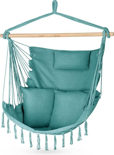 Outtec Hängesessel mit Kissen 100x130x75cm – bis 150 kg - Outdoor Sessel mit Kissen - Sitzsack zum Hängen Schaukel Für Garten und Zimmer – Boho – Fransen Brasilianischer Stuhl - Grün