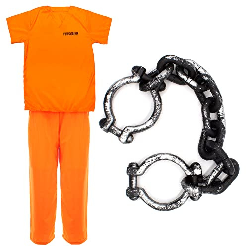 Mens Prisoners Convict Costume - Small - Orange Prisoner Top, Matching Orange Trousers – Cops & Robbers Halloween Fancy Dress Costume