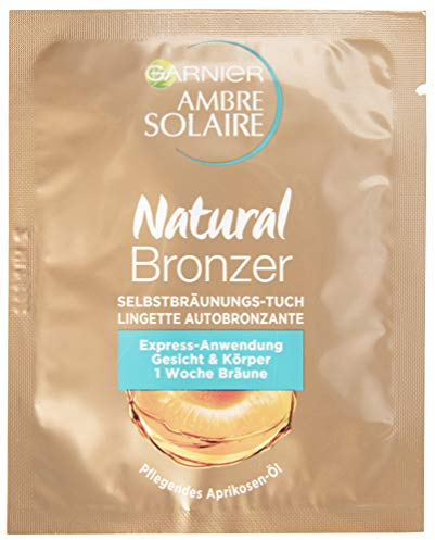 Garnier Ambre Solaire Selbstbräunungs-Tuch, Selbstbräuner mit Aprikosenkernöl, Bräunungsbeschleuniger in Gold (15 Stück)