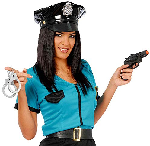 FIESTAS GUIRCA | Pistola con Esposas de Mentira (Talla Única) - Accesorio de Disfraz de Policía, Sheriff, Detective para Carnaval, Halloween, Fiestas Temáticas - Hombre Mujer - Negro