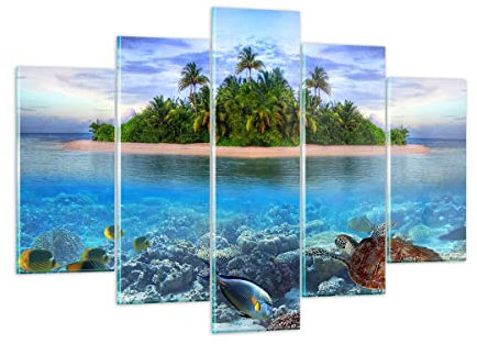 Quadro su Vetro 150x100cm Stampe da Parete in Vetro Spiaggia laguna acqua oceano Grandi XXL Decorazione Murale Camera da Letto Cucina 5 pezzi Quadri Moderni Soggiorno Immagini Wall Art GEA150x100-2686