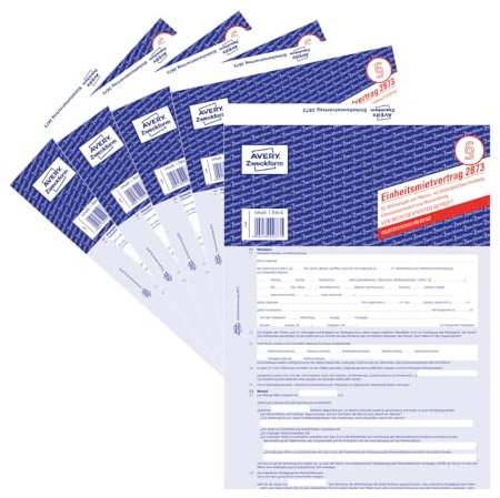 AVERY Zweckform 2873-5 Mietvertrag für Wohnungen und Häuser (Einheitsmietvertrag mit Übergabeprotokoll und Hausordnung, 5-seitiges Formular in A4, selbstdurchschreibend) 5 Stück, blau