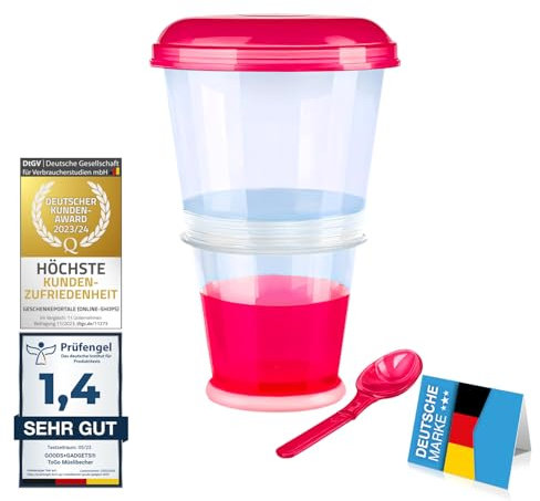 GOODS+GADGETS Müslibecher to Go Deluxe - Joghurt-Becher für unterwegs - Reise Lunchpot mit Löffel und Iso-Kühlfach für Müsli, Cerealien, Porridge und Obst (1, Rot)
