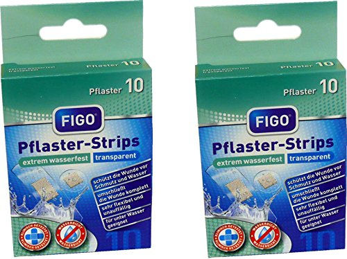 2 Packungen mit je 10 * Figo transparente Pflaster-Strips Wundverband Extrem Wasserfest 10er 2 Größen schließt die Wunde ringsum ab. Klinisch getestet