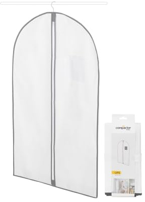 Compactor - Kleiderschutzhülle Größe M zum Aufhängen - Schutz für Anzug, Hemd, Jacke - Atmungsaktiver weißer Stoff mit grauer Kante und Reißverschluss - Für Schrank und Garderobe
