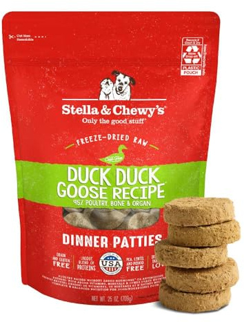 Stella & Chewy's Empanadas crudas liofilizadas – Receta de Ganso de Pato y Pato – Alimento Alto en proteínas para Cachorros y Perros sin Granos comedores exigentes – 25 onzas