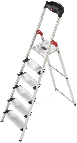 Hailo XXL - Escalera doméstica de aluminio, peldaños extra anchos, bandeja multifuncional, gancho para cubo y pinza para cable (6 peldaños)