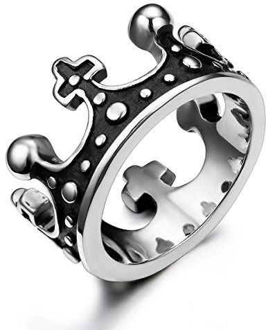 JewelryWe Joyería Vintage Anillo Unisex, Retro La Corona Imperial, Acero Inoxidable Gótico Anillo De Hombre Mujer, Color Plata Negro, Talla 11.5
