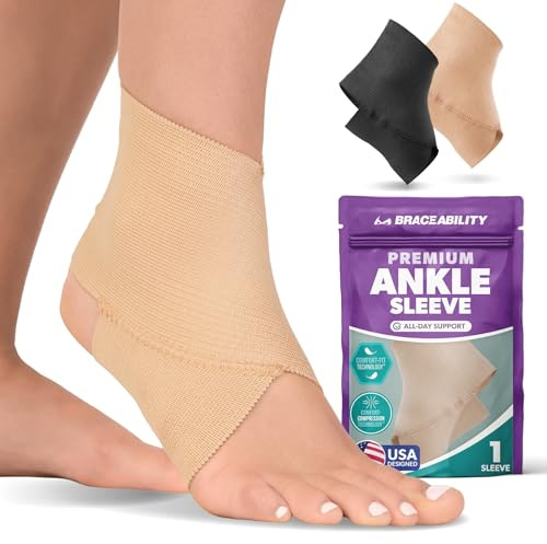 BraceAbility Elastic Ankle Support Brace - Lightweight Slip on Foot and Ankle Compression Sleeve for Gymnastics, Dance, Sports, Running, Exercise, and Sprained Ankle Swelling for Women and Men (Beige, Large)
