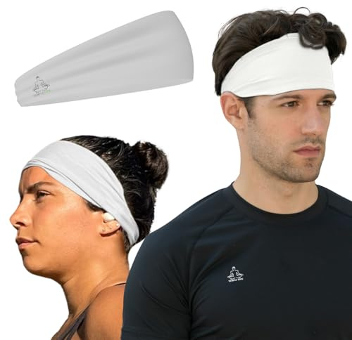 Temple Tape Headbands for Men and Women - Mens Sweatband & Sports Headband Moisture Wicking Workout Sweatbands for Running, Cross Training, Yoga and Bike Helmet Friendly - White