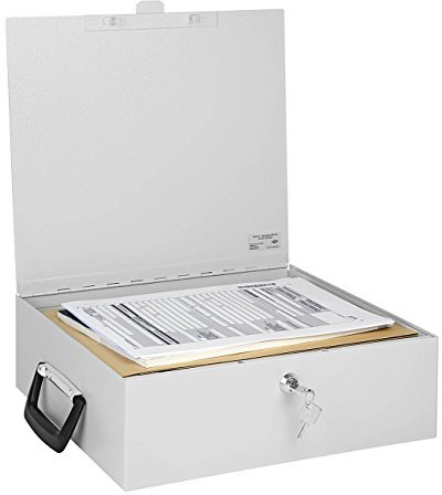 Wedo 1021637 Dokumenten Ordnerkassette A4, 36,5 x 33 x 11 cm, Sicherheitsschloss, 2 Schlüssel, Koffergriff, Stahlblech, lichtgrau