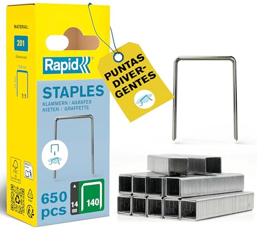 Rapid Bredtrådsklammer Av Hög Kvalitet, För Isolering, Tunn Plast, Kartong Och Mattor, Klammer Nr. 140, Benlängd 14 mm, För Häftpistoler, Galvaniserat Stål, 650-pack (40109576)