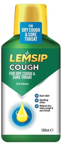 Lemsip Cough Syrup, 180ml, Paracetamol, Cough Medicine, Dry Cough, Tickly Cough, Sore Throat Relief, Catarrh and Mucus Relief, Dual Relief, Soothing, Decongestants, Medication