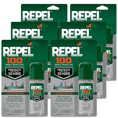 Repel 100 Insect Repellent, 1 Ounce, With DEET, 10-Hour Protection Long-Lasting Insect Repellent Travel Pump Spray Repels Mosquitoes, Ticks, Gnats, Biting Flies, Chiggers And Fleas, 6 Pack