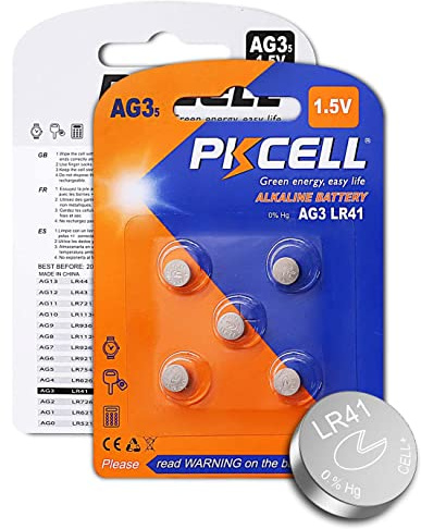 PKCELL AG3 1.5V Battery LR41 392 384 192 Button Alkaline Cell for Digital Thermometer- 5Count