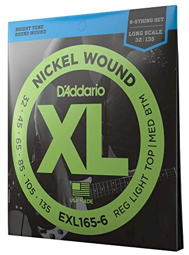 D'Addario basgitarrsträngar – XL nickel-bassträngar – EXL165-6 – perfekt intonation, känsla, hållbarhet – för 4-strängade basgitarrer – 32-135 vanlig lätt topp/medium botten 6-sträng, lång skala.