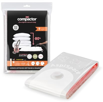 Compactor ASPISPACE Sacco di Compressione Sottovuoto 80x100 cm, Trasparente, Riduce Il Volume Fino a 3X, Riutilizzabile Fino a 100 Volte