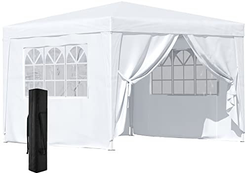 Outsunny 3 x 3 m Garden Pop Up Gazebo, Wedding Party Tent Marquee, Water Resistant Awning Canopy with Sidewalls, Windows, Carry Bag, White