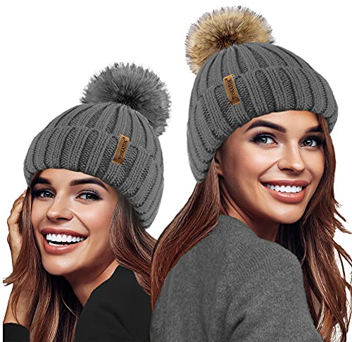 TOSKATOK® Ladies Girls Chunky 3 in 1 Rib Beanie Hat with 2 Interchangeable Large Faux Fur Pompoms-Grey