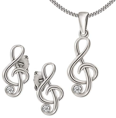 CLEVER SCHMUCK - Conjunto de joyas para mujer, con circonita, colgante, pendientes, cadena Panzer de 45 cm, plata 925), diseño de clave de sol pequeña, color plateado