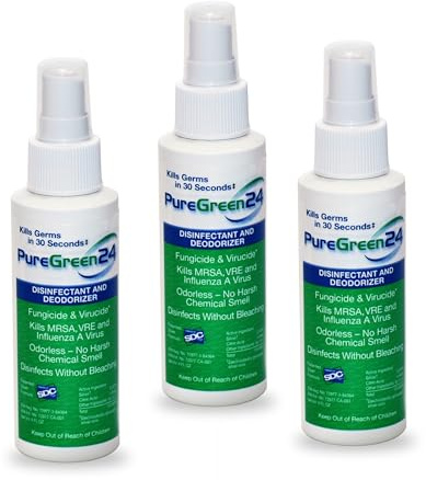 PURE GREEN 24 Safe & Effective Disinfectant. Kills Deadly Germs including RSV COVID-19 Norovirus MRSA Staph 2026 flu Bird flu Contains no toxic chemicals odorless child & pet safe 3 4oz spray bottles