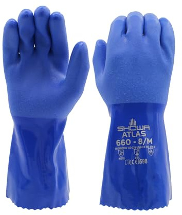 SHOWA Atlas 660 Triple-Dipped PVC Chemical Resistant Gloves, Heavy-Duty Gloves, Rough Finish Grip, Seamless Cotton Liner, 12 Length, Blue, X-Large, 1 Pair