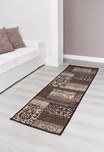 Kurzflorteppich Teppichläufer Orientteppich Vintage Patchwork Orientalisches Muster Used Look– Wohnzimmerteppich Schlafzimmer Flurläufer – Oeko Tex 100 pflegeleicht umkettelt – 57cm x 110cm taupe