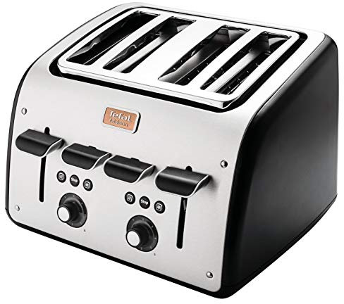 Tefal Grille Pain Maison 4 fentes, 2 Chambres Indépendantes de Cuisson, Réchauffage, Décongélation, Remontée Extra Haute, 1700W, Inox et Noir TT770811