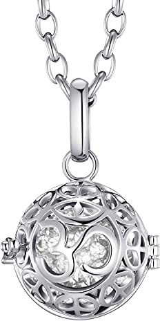 Morella Collar de Acero Inoxidable 70 cm con Colgante Mantra Om y Bola de resonancia de circonita de Color Blanco Ø 16 mm para Damas en Bolsa para Joyas