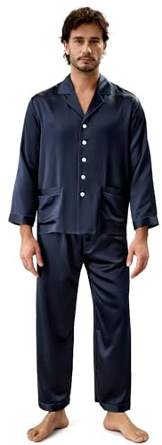 LilySilk Seide Pyjama Herren Nachtwäsche Unifarbe Elegant (Large, Blau) Verpackung MEHRWEG