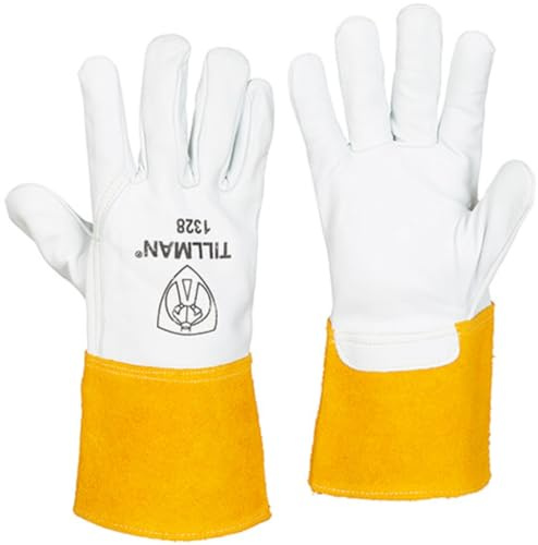 John Tillman X-Large 13 Pearl and Gold Top Grain Goatskin Unlined TIG Welders Gloves with 4 Cuff and Kevlar Thread Locking Stitch (Carded) (1328XL)
