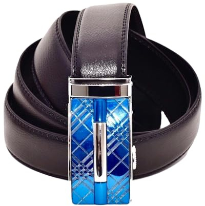 Men's Genuine Leather Ratchet Belt - Adjustable, Fits Any Waist up to 44. 1.5 Wide Black Strap with Chrome and Blue Buckle. For Casual or Smart/Suit/Dress Wear. In Presentation Gift Box.