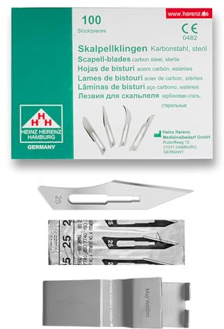 May 100 Stück Skalpellklingen Figur 25 für Skalpellhalter Nr. 4 - einzeln steril verpackt - inkl. Klingenabzieher